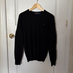 Men’s Merino Wool Polo by Ralph Lauren Black V-Neck Sweater with Purple Pony